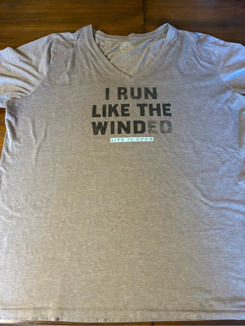 Life is Good Women’s V-Neck Graphic Tee - Taupe 'I Run Like The Winded'